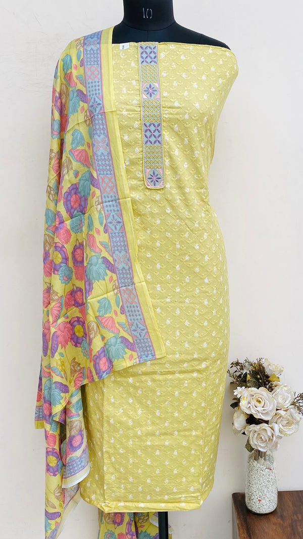 Designer Embroidered Suit Length 3 Piece Mehndi Green Mal Cotton
