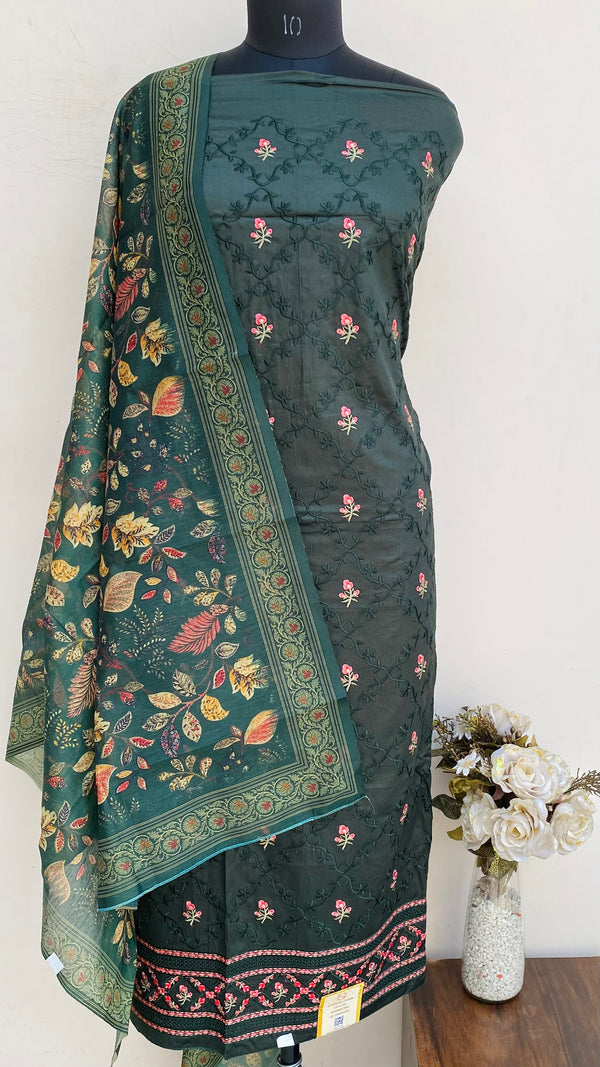 Designer Embroidered Suit Length 3 Piece Bottle Green Muslin Cotton