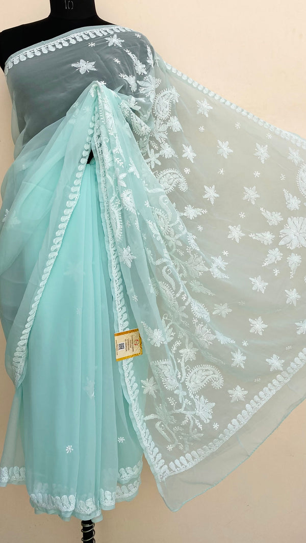 Lucknowi Chikankari Saree Sea Green Georgette
