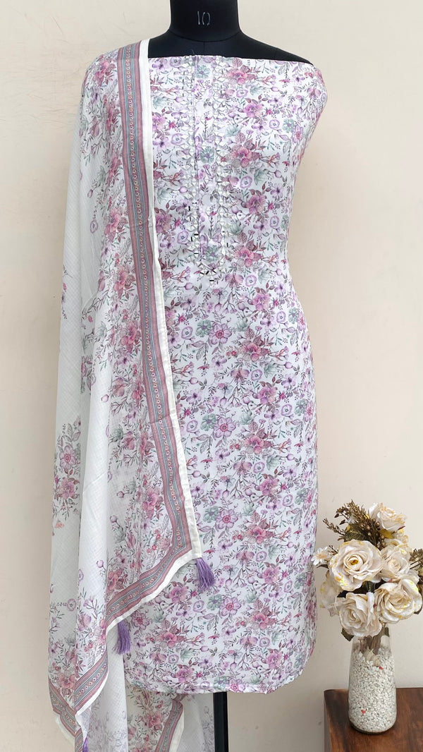 Designer Embroidered Suit Length 3 Piece White Muslin Cotton With Mirror Work