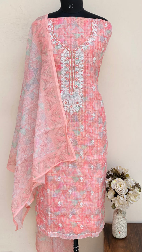 Designer Embroidered Suit Length 3 Piece Pink Linen