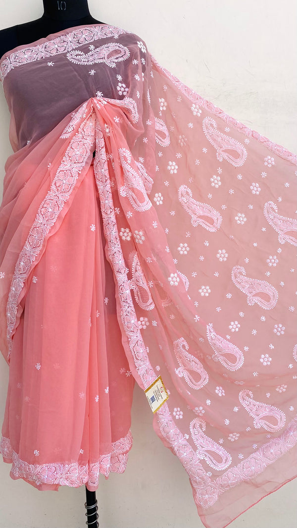 Lucknowi Chikankari Saree Pink Georgette With Jaali Work
