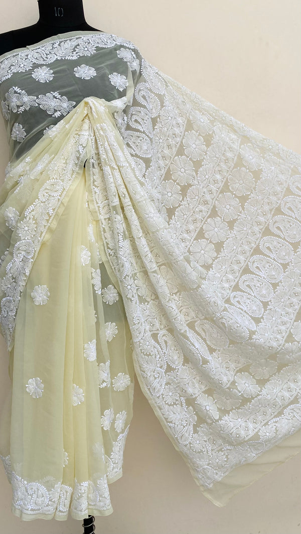 Lucknowi Chikankari Saree Lemon Yellow Georgette