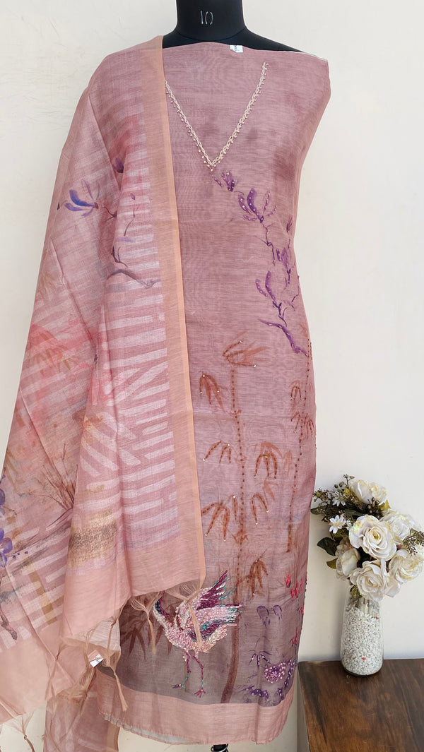 Designer Embroidered Suit Length 3 Piece Brown Linen With Sequence Work