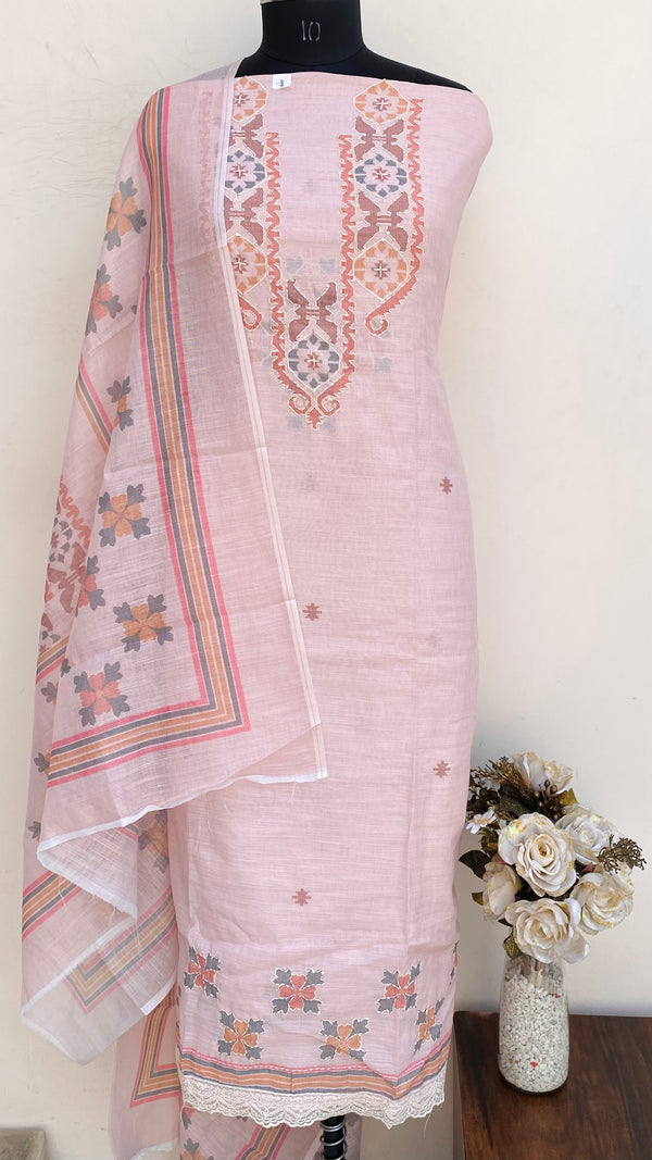 Designer Embroidered Suit Length 3 Piece Pink Linen With Sequence Work