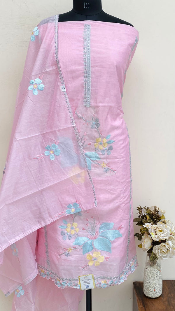 Designer Embroidered Suit Length 3 Piece Pink Mal Chanderi
