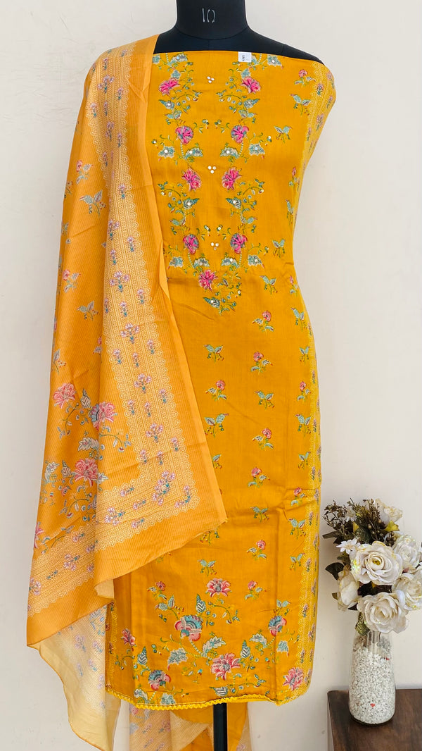 Designer Embroidered Suit Length 3 Piece Mustard Mal Cotton With Sequence Work