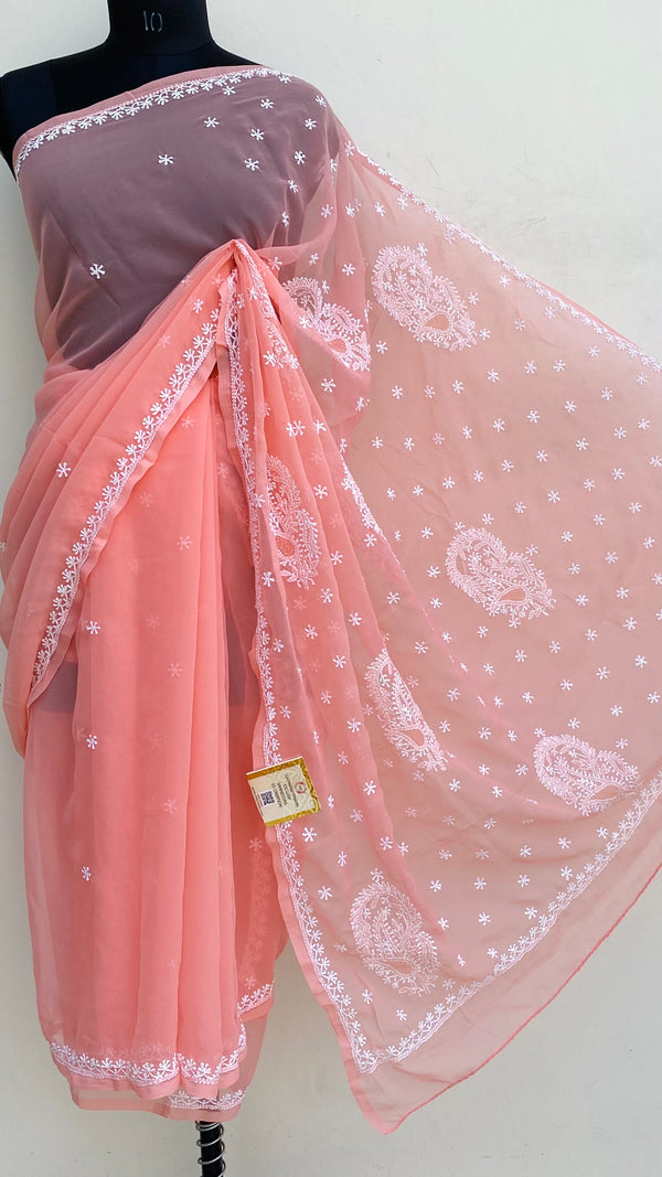 Lucknowi Chikankari Saree Pink Georgette With Jaali Work