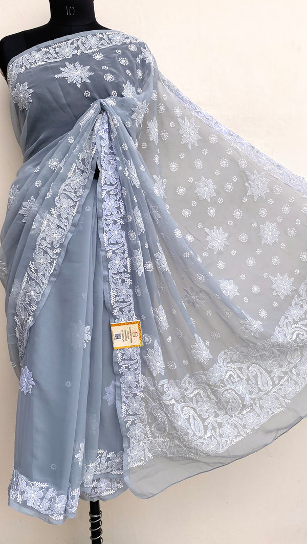 Lucknowi Chikankari Saree Gray Georgette