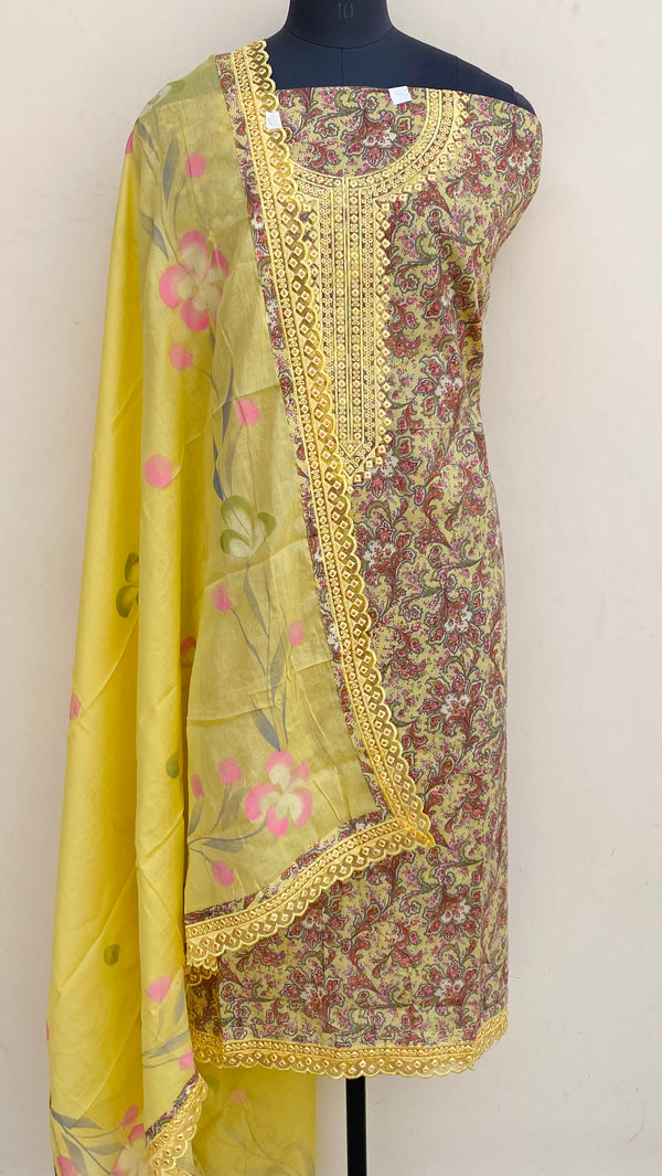 Designer Embroidered Suit Length 3 Piece Yellow Mal Cotton