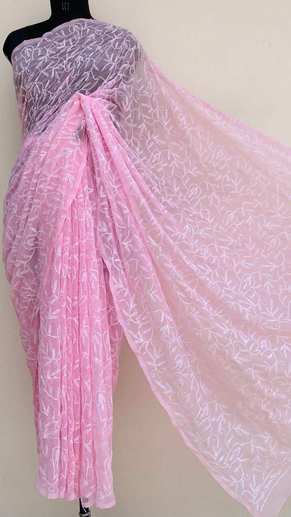 Lucknowi Chikankari Saree Pink Georgette With Tepchi Work