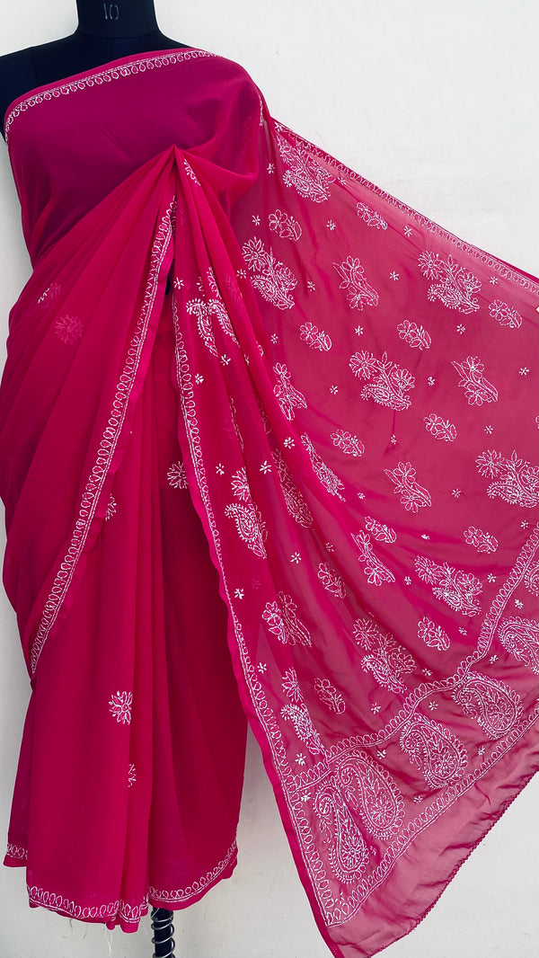 Lucknowi Chikankari Saree Pink Georgette