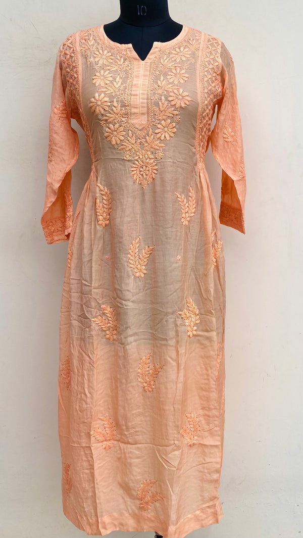 Lucknowi Chikankari Kurti Orange Muslin Cotton With Self & Mukaish Work