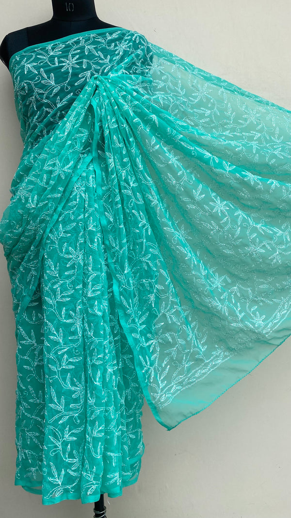 Lucknowi Chikankari Saree Green Georgette With Tepchi Work
