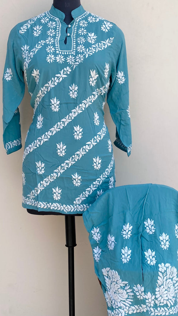 Lucknowi Chikankari Co-ord Set Teal Green Muslin Cotton