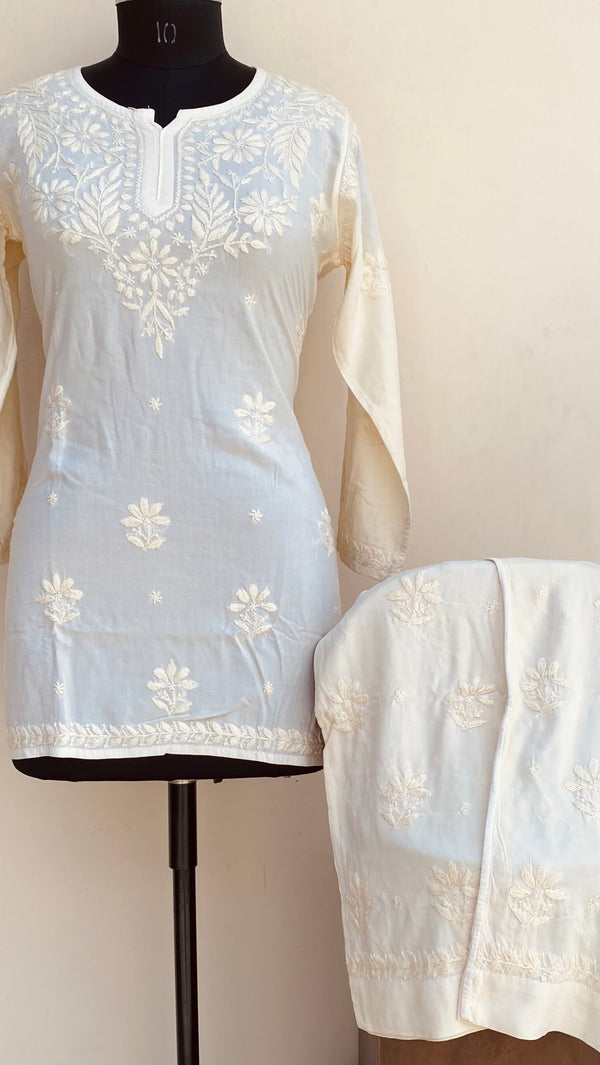 Lucknowi Chikankari Co-ord Set Cream Modal Cotton With Self Work