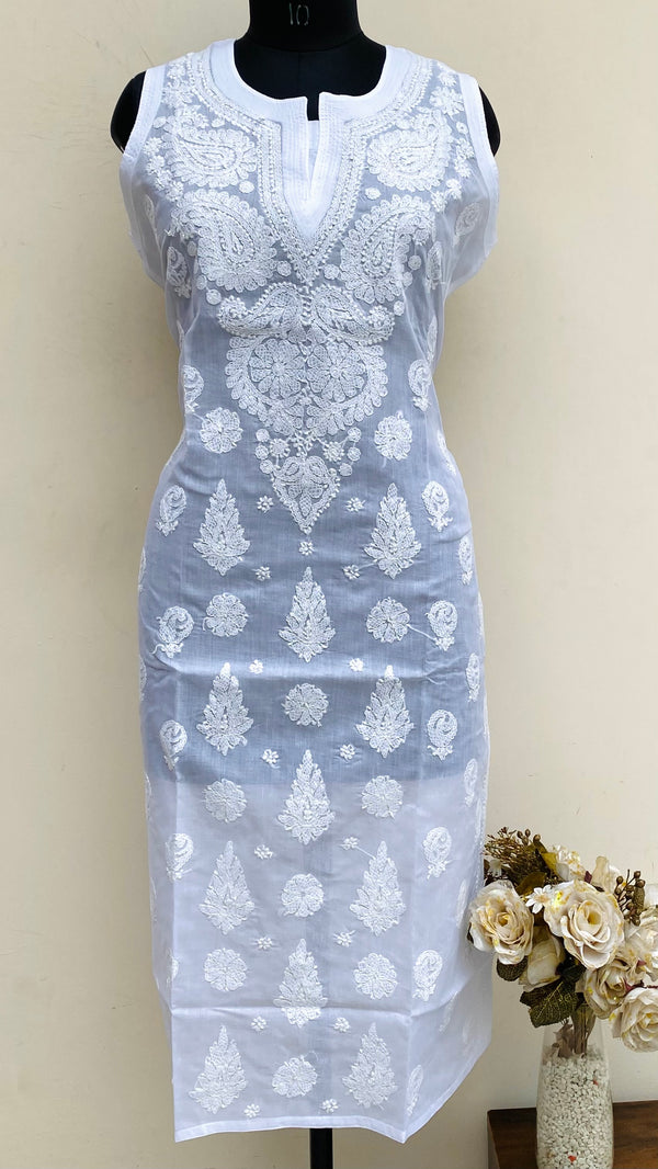 Lucknowi Chikankari Sleeveless Kurti White Cotton