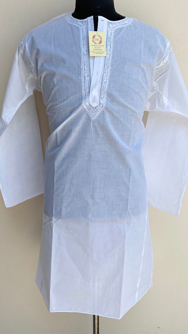 Lucknowi Chikankari Men’s Kurta White Cotton With Applique & Jaali Work