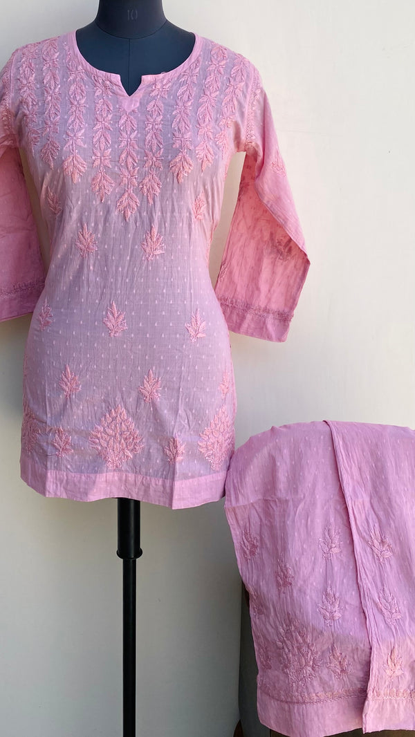 Lucknowi Chikankari Co-ord Set Pink Mulmul Cotton With Self Work
