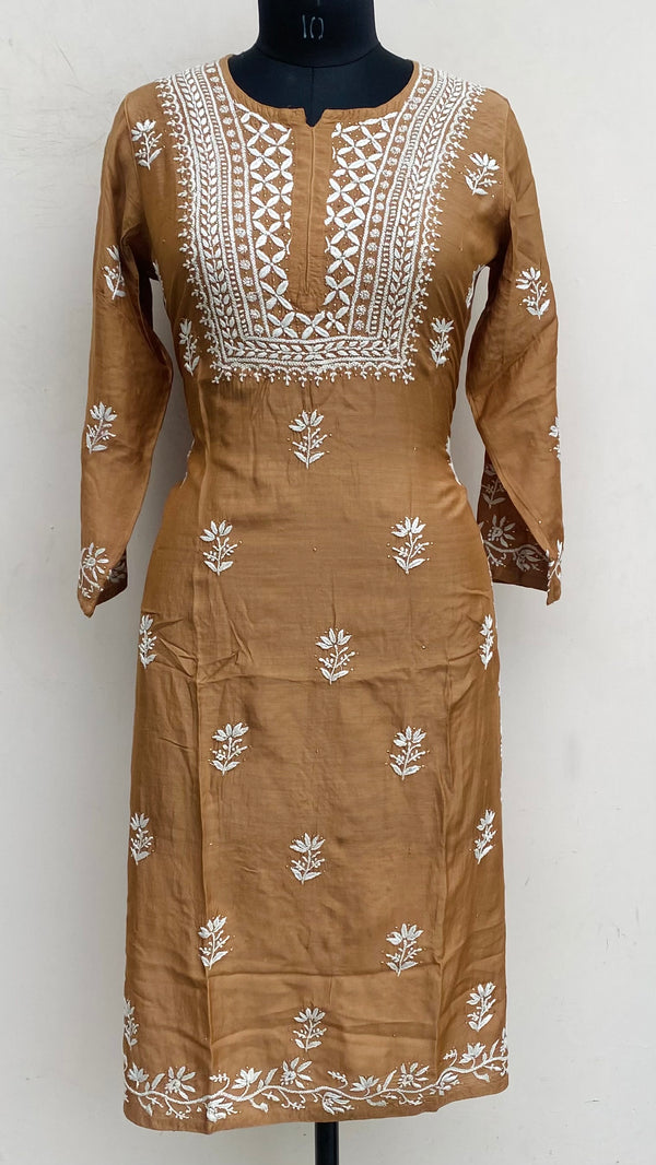 Lucknowi Chikankari Kurti Brown Muslin Cotton With Mukaish Work