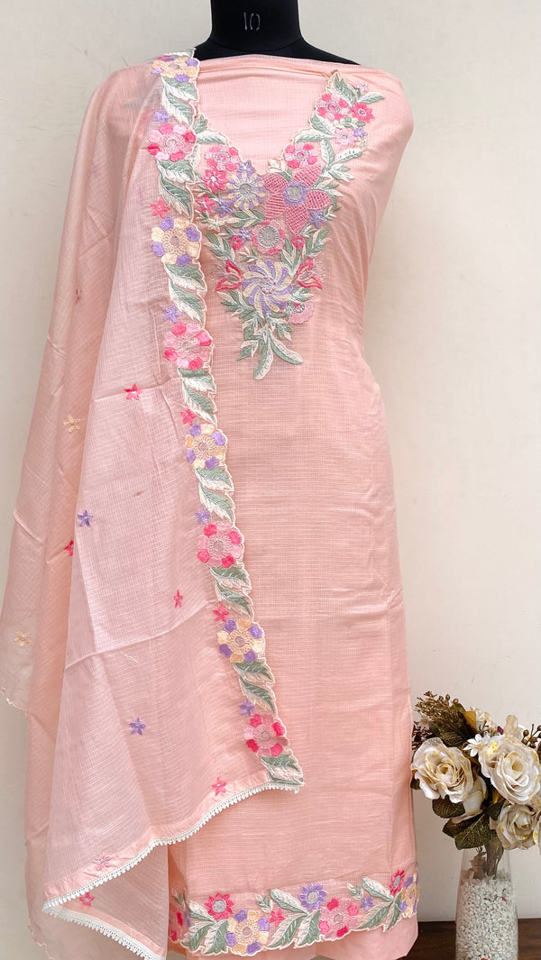 Designer Embroidered Suit Length 3 Piece Peach Kota