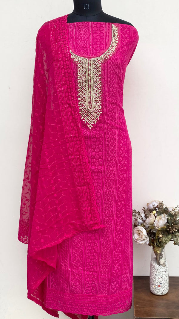Chikankari Suit Length 3 Piece Pink Georgette With Pearl & Cutdana Work