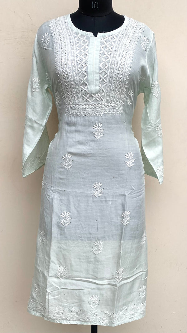 Lucknowi Chikankari Kurti Mint Green Muslin Cotton With Mukaish Work