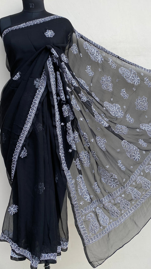 Lucknowi Chikankari Saree Black Georgette