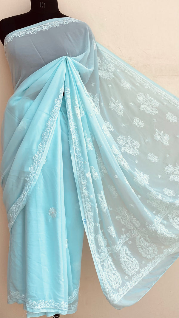 Lucknowi Chikankari Saree Sea Green Georgette