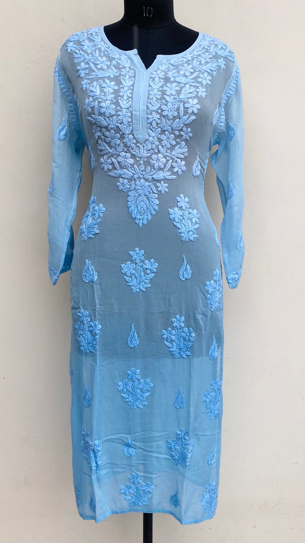Lucknowi Chikankari Kurti Powder Blue Pure Georgette With Self 3D & Mukaish Work