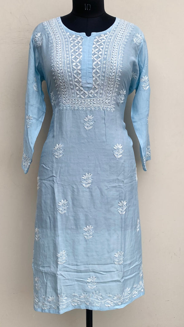 Lucknowi Chikankari Kurti Powder Blue Muslin Cotton With Mukaish Work