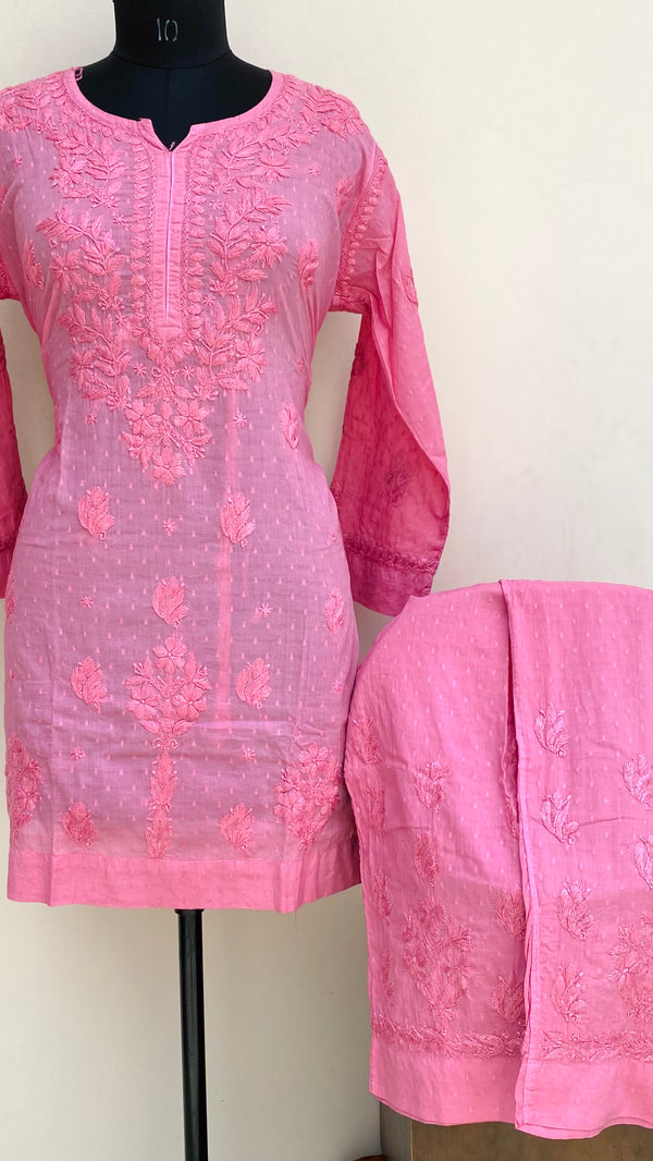 Lucknowi Chikankari Co-ord Set Pink Mulmul Cotton With Self Work