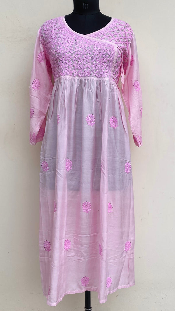 Lucknowi Chikankari Angrakha Kurti Pink Muslin Cotton With Self & Mukaish Work