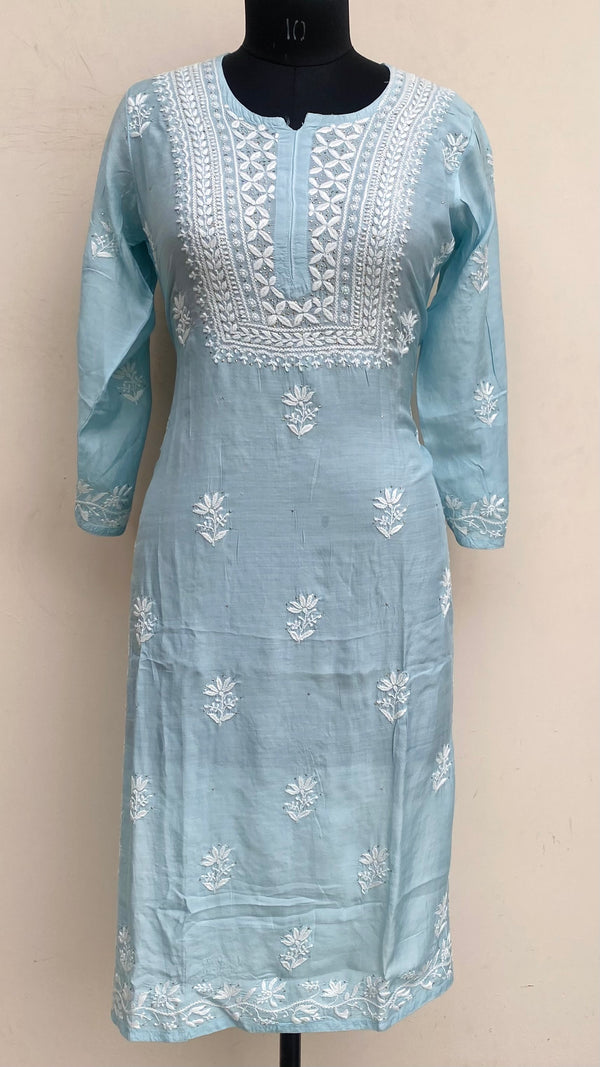Lucknowi Chikankari Kurti Aqua Blue Muslin Cotton With Mukaish Work