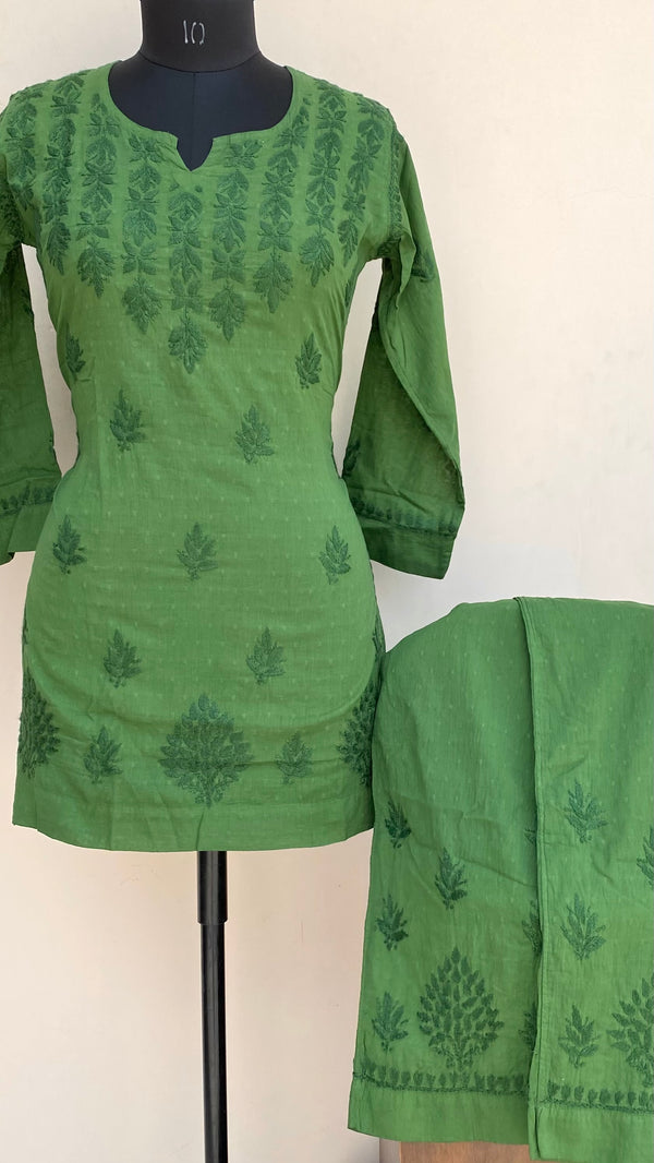 Lucknowi Chikankari Co-ord Set Bottle Green Mulmul Cotton With Self Work