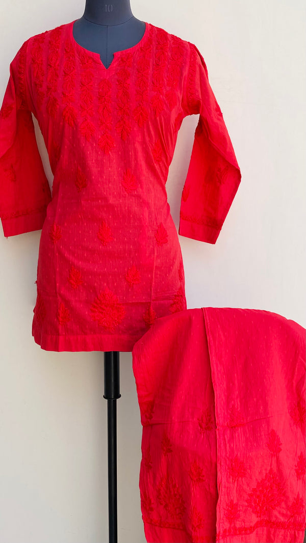 Lucknowi Chikankari Co-ord Set Red Mulmul Cotton With Self Work