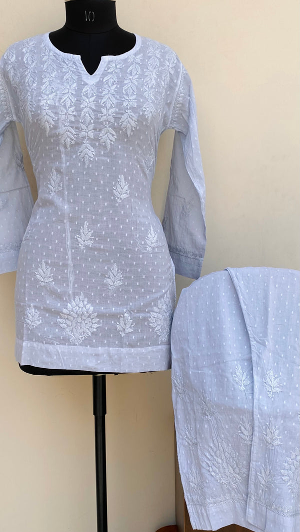 Lucknowi Chikankari Co-ord Set Powder Blue Mulmul Cotton With Self Work