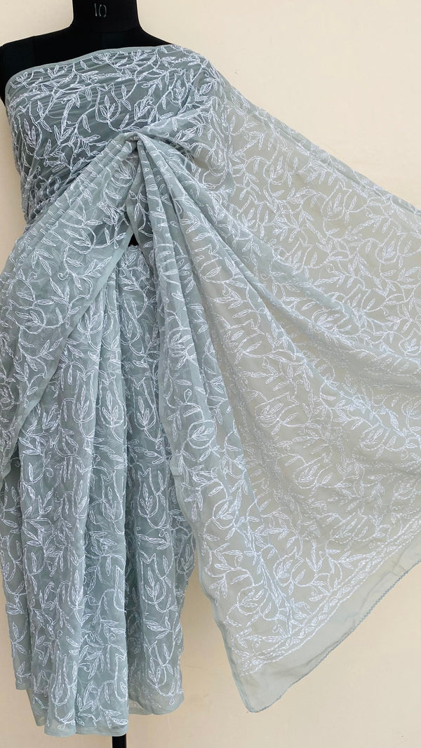 Lucknowi Chikankari Saree Gray Georgette With Tepchi Work