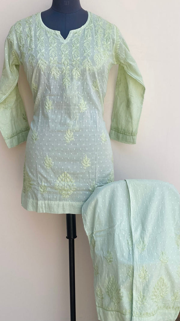 Lucknowi Chikankari Co-ord Set Parrot Green Mulmul Cotton With Self Work