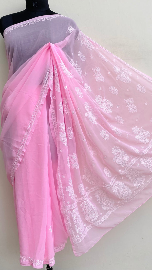 Lucknowi Chikankari Saree Pink Georgette