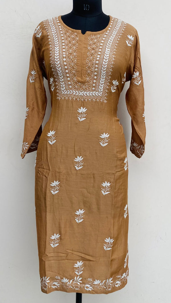Lucknowi Chikankari Kurti Brown Muslin Cotton With Mukaish Work