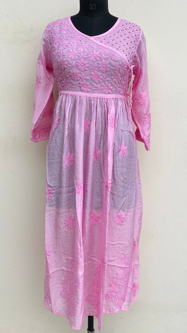 Lucknowi Chikankari Angrakha Kurti Pink Muslin Cotton With Self & Mukaish Work