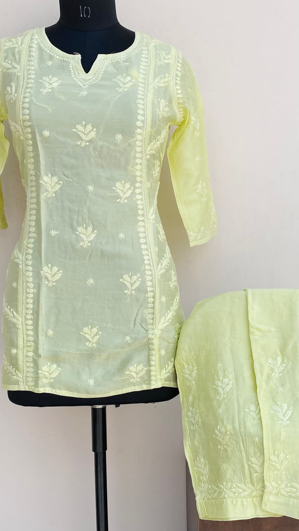 Lucknowi Chikankari Co-ord Set Lemon Yellow Mal Chanderi With Self Work