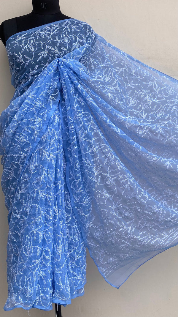 Lucknowi Chikankari Saree Blue Georgette With Tepchi Work
