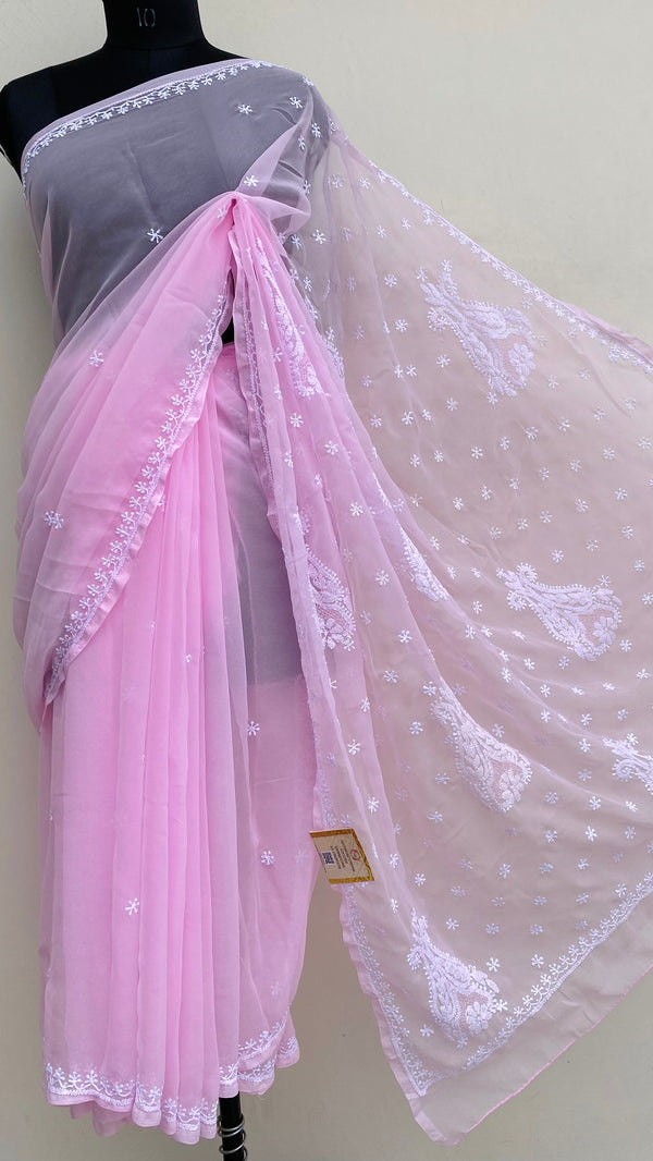 Lucknowi Chikankari Saree Pink Georgette With Jaali Work