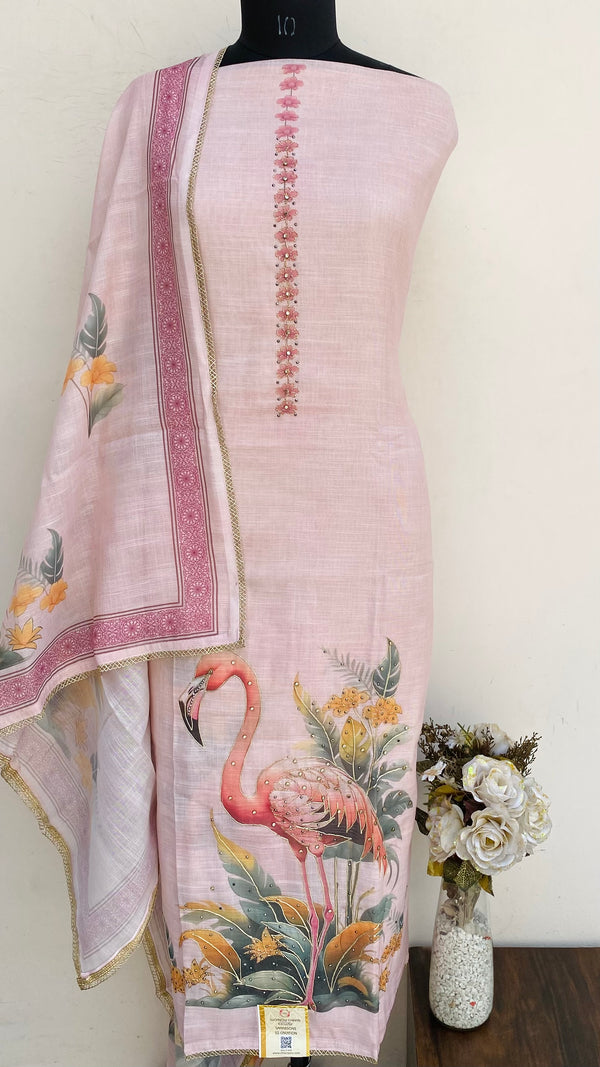 Designer Embroidered Suit Length 3 Piece Pink Linen With Stone Work