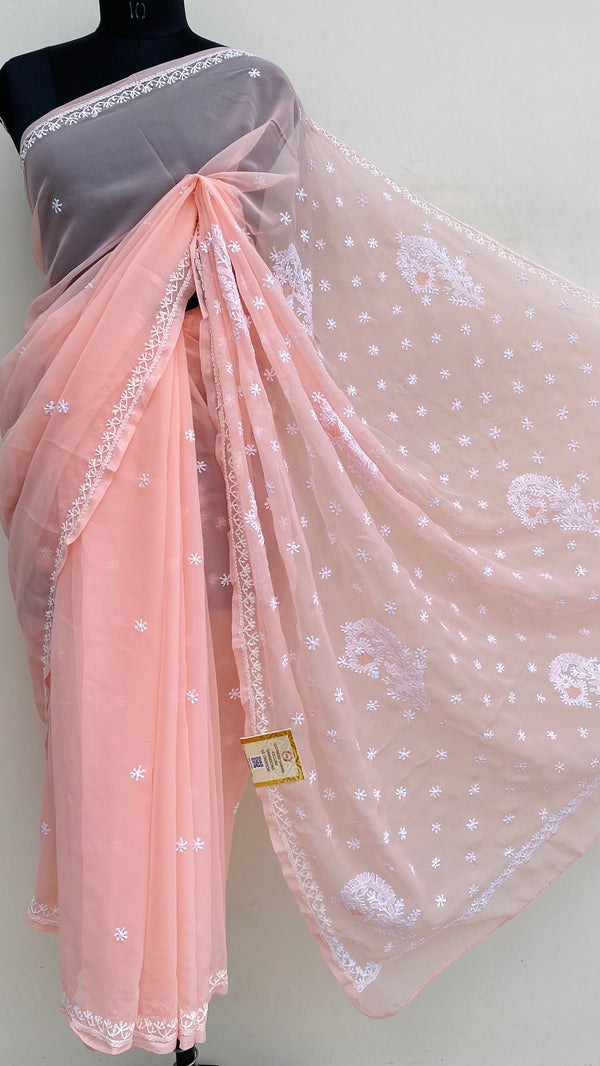 Lucknowi Chikankari Saree Peach Georgette With Jaali Work