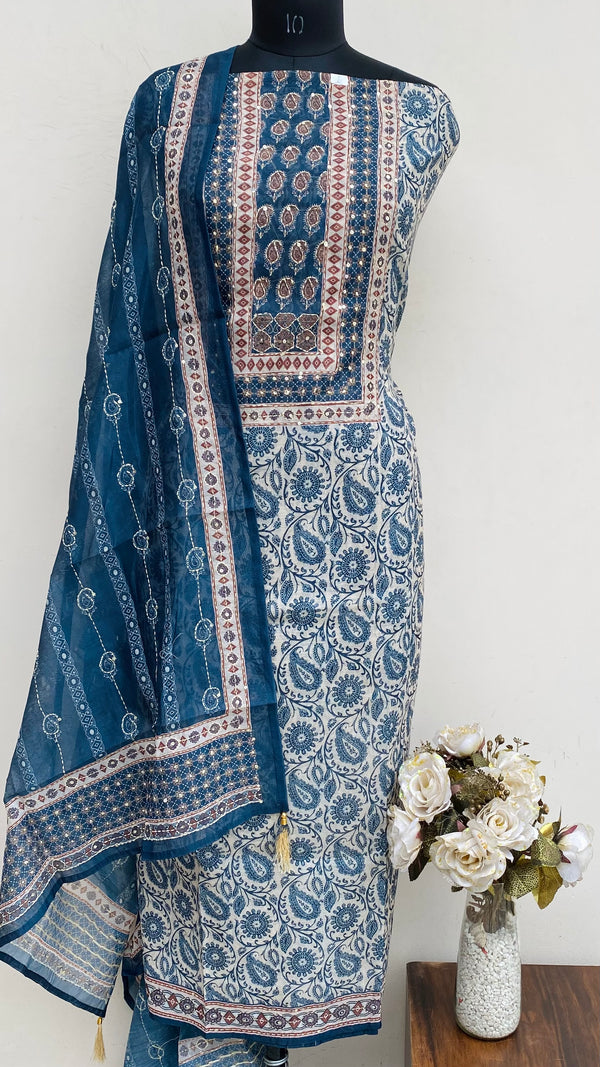 Designer Embroidered Suit Length 3 Piece Blue Linen With Sequence Work