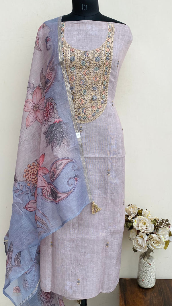 Designer Embroidered Suit Length 3 Piece Beige Linen With Sequence Work