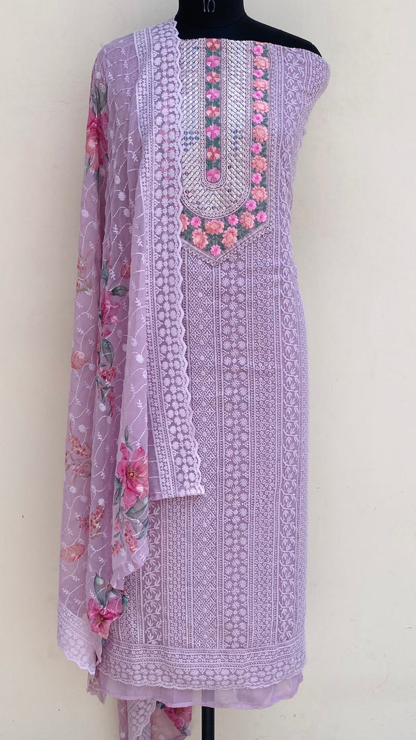 Chikankari Suit Length 3 Piece Rose Pink Georgette With Sequence Work